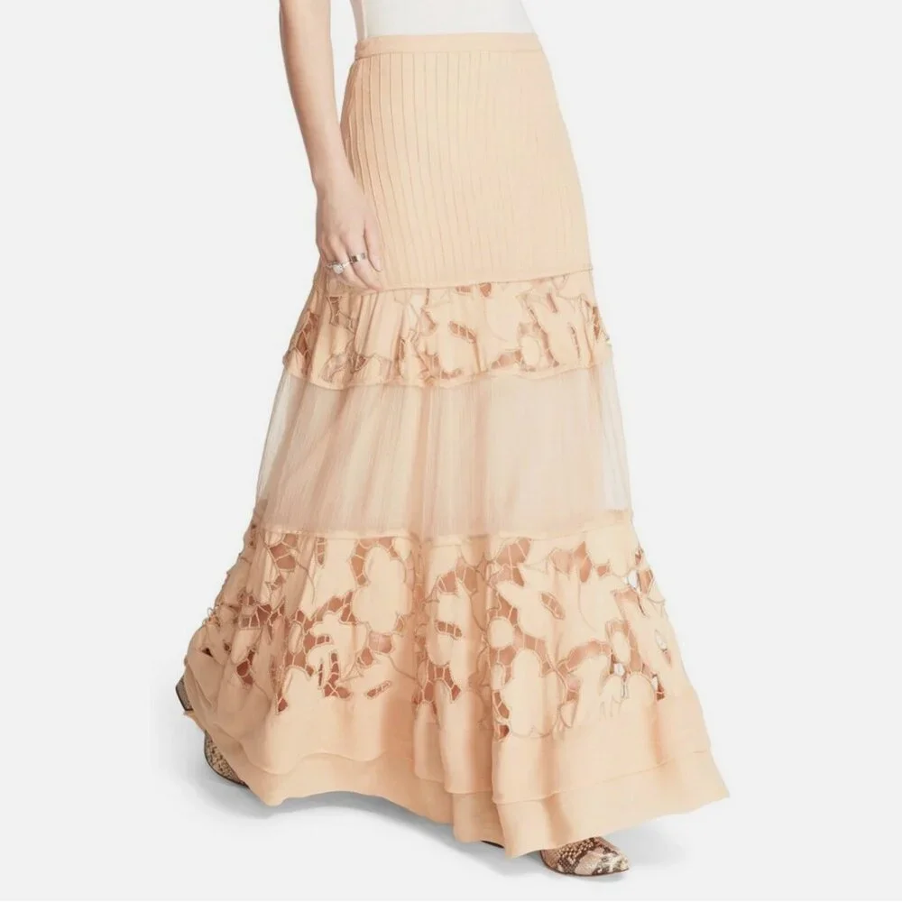 Free People To Put It Wildly Peach Lace Inset Maxi Skirt
